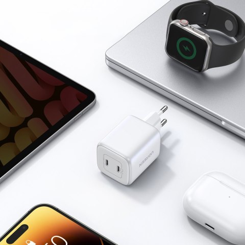 Szybka ładowarka sieciowa GaN 2x USB-C 45W QC PD biała Szybka ładowarka sieciowa GaN 2x USB-C 45W QC PD biała