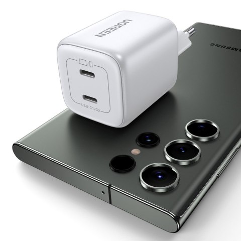 Szybka ładowarka sieciowa GaN 2x USB-C 45W QC PD biała Szybka ładowarka sieciowa GaN 2x USB-C 45W QC PD biała