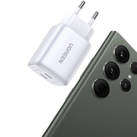 Szybka ładowarka sieciowa GaN 2x USB-C 45W QC PD biała Szybka ładowarka sieciowa GaN 2x USB-C 45W QC PD biała