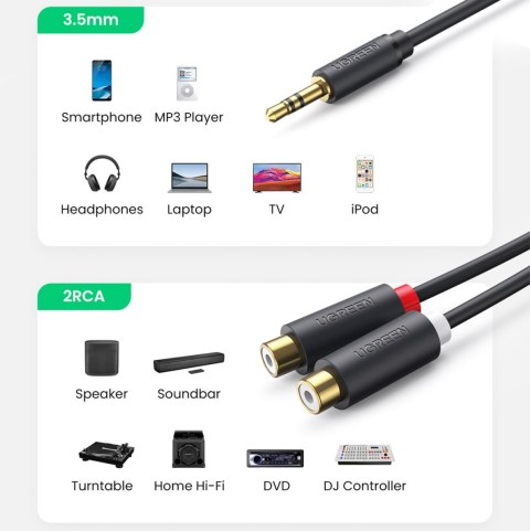 Kabel przewód przejściówka audio jack 3.5mm męski - 2x RCA żeński 0.25m szary Kabel przewód przejściówka audio jack 3.5mm męski - 2x RCA żeński 0.25m szary
