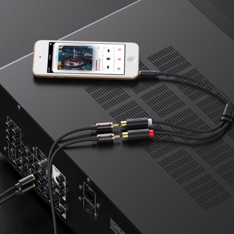 Kabel przewód przejściówka audio jack 3.5mm męski - 2x RCA żeński 0.25m szary Kabel przewód przejściówka audio jack 3.5mm męski - 2x RCA żeński 0.25m szary