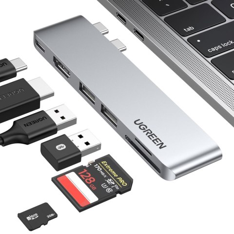 Rozdzielacz portów HUB MacBook Air Pro 2x USB-C HDMI 2x USB 3.0 SD TF PD szary Rozdzielacz portów HUB MacBook Air Pro 2x USB-C HDMI 2x USB 3.0 SD TF PD szary