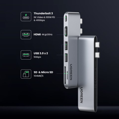 Rozdzielacz portów HUB MacBook Air Pro 2x USB-C HDMI 2x USB 3.0 SD TF PD szary Rozdzielacz portów HUB MacBook Air Pro 2x USB-C HDMI 2x USB 3.0 SD TF PD szary