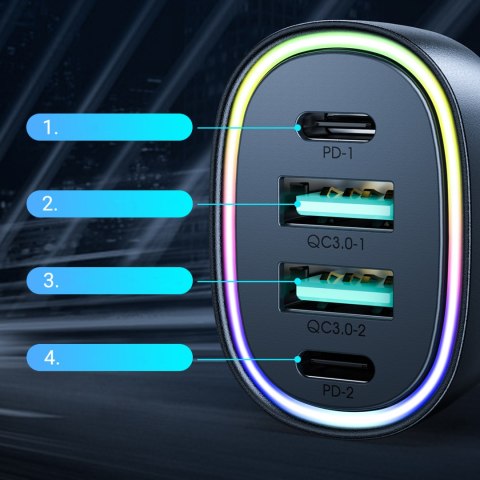 Ładowarka samochodowa 70W z 4 portam 2x USB-C PD 2x USB QC czarna Ładowarka samochodowa 70W z 4 portam 2x USB-C PD 2x USB QC czarna