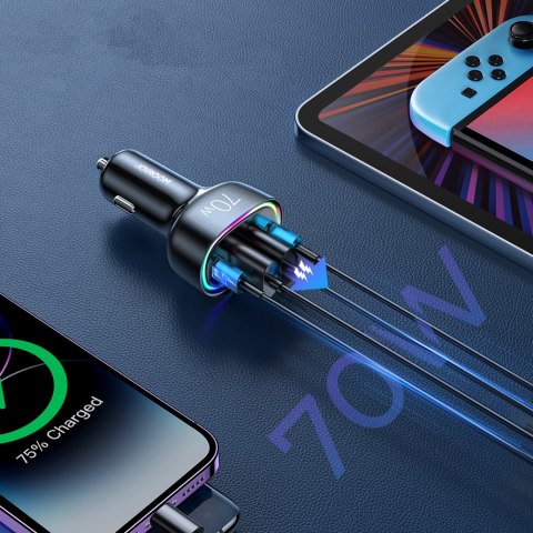 Ładowarka samochodowa 70W z 4 portam 2x USB-C PD 2x USB QC czarna Ładowarka samochodowa 70W z 4 portam 2x USB-C PD 2x USB QC czarna