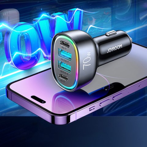 Ładowarka samochodowa 70W z 4 portam 2x USB-C PD 2x USB QC czarna Ładowarka samochodowa 70W z 4 portam 2x USB-C PD 2x USB QC czarna