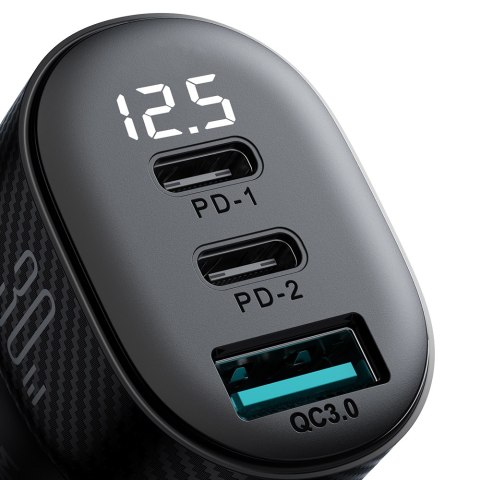 Ładowarka samochodowa z wyświetlaczem 2x USB-C USB-A 30W czarna Ładowarka samochodowa z wyświetlaczem 2x USB-C USB-A 30W czarna