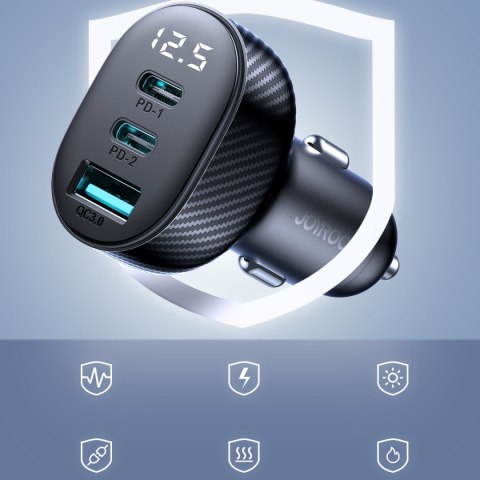 Ładowarka samochodowa z wyświetlaczem 2x USB-C USB-A 30W czarna Ładowarka samochodowa z wyświetlaczem 2x USB-C USB-A 30W czarna