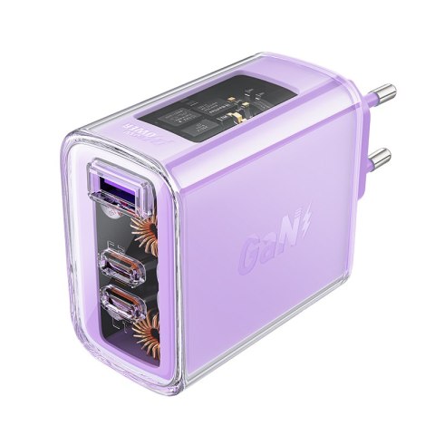 Ładowarka sieciowa GaN 65W 3 porty 1x USB 2x USB-C fioletowa Ładowarka sieciowa GaN 65W 3 porty 1x USB 2x USB-C fioletowa