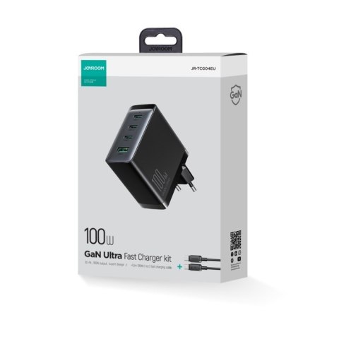 Ładowarka sieciowa GaN z kablem USB-C 3x USB-C USB-A 100W czarna Ładowarka sieciowa GaN z kablem USB-C 3x USB-C USB-A 100W czarna