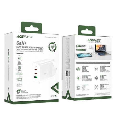 Ładowarka sieciowa wtyczka angielska UK GaN 65W 1x USB 2x USB-C PD biała Ładowarka sieciowa wtyczka angielska UK GaN 65W 1x USB 2x USB-C PD biała