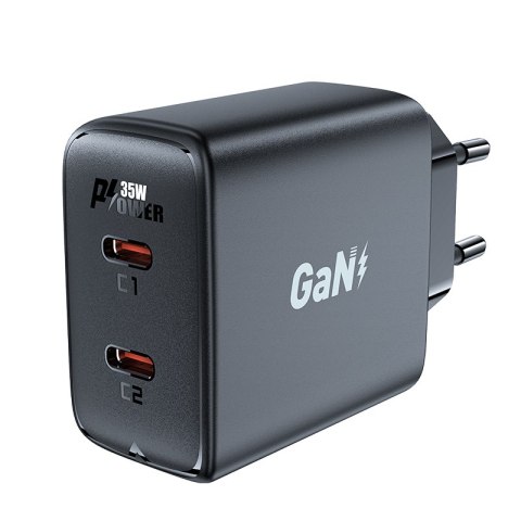 Szybka ładowarka sieciowa GaN 35W PD 2x USB-C czarna Szybka ładowarka sieciowa GaN 35W PD 2x USB-C czarna