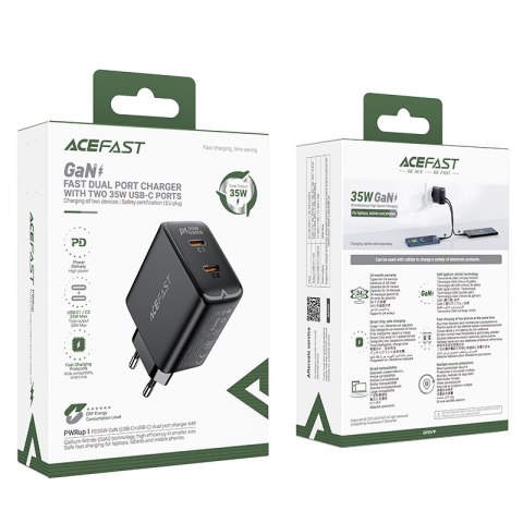 Szybka ładowarka sieciowa GaN 35W PD 2x USB-C czarna Szybka ładowarka sieciowa GaN 35W PD 2x USB-C czarna