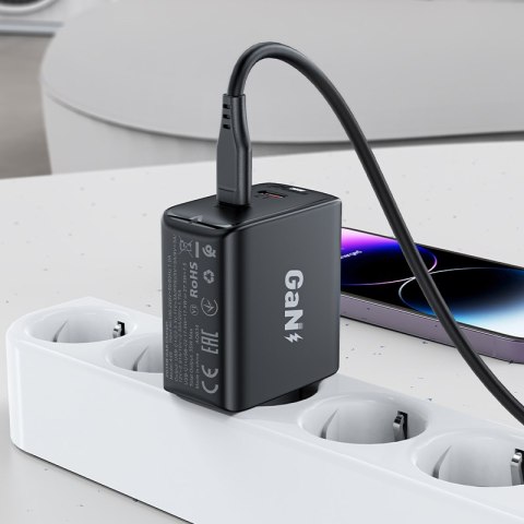 Szybka ładowarka sieciowa GaN 35W PD 2x USB-C czarna Szybka ładowarka sieciowa GaN 35W PD 2x USB-C czarna