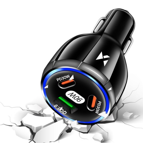 Ładowarka samochodowa 2x USB-C 1x USB-A 90W PD QC czarna Ładowarka samochodowa 2x USB-C 1x USB-A 90W PD QC czarna
