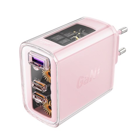 Ładowarka sieciowa GaN 65W 3 porty 1x USB 2x USB-C różowa Ładowarka sieciowa GaN 65W 3 porty 1x USB 2x USB-C różowa