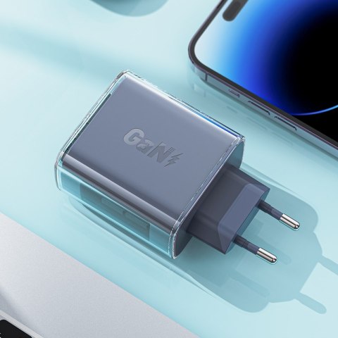 Ładowarka sieciowa GaN 65W 3 porty 1x USB 2x USB-C szara Ładowarka sieciowa GaN 65W 3 porty 1x USB 2x USB-C szara