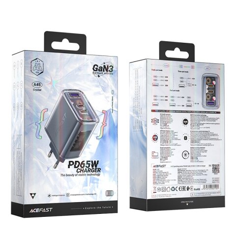 Ładowarka sieciowa GaN 65W 3 porty 1x USB 2x USB-C szara Ładowarka sieciowa GaN 65W 3 porty 1x USB 2x USB-C szara
