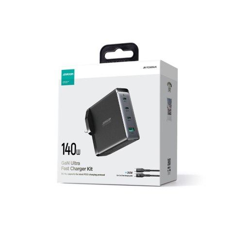 Szybka ładowarka sieciowa GaN 140W 3x USB-C USB-A + kabel USB-C 240W 1.2m czarna Szybka ładowarka sieciowa GaN 140W 3x USB-C USB-A + kabel USB-C 240W 1.2m czarna