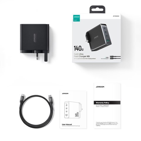 Szybka ładowarka sieciowa GaN 140W 3x USB-C USB-A + kabel USB-C 240W 1.2m czarna Szybka ładowarka sieciowa GaN 140W 3x USB-C USB-A + kabel USB-C 240W 1.2m czarna