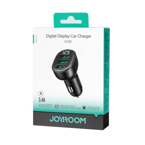 Ładowarka samochodowa 3.4A z wyświetlaczem 3x USB-A czarna Ładowarka samochodowa 3.4A z wyświetlaczem 3x USB-A czarna