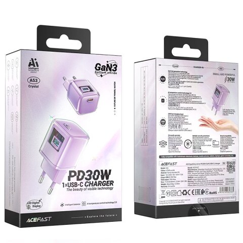 Ładowarka sieciowa z wyświetlaczem PD 30W GaN3 USB-C fioletowa Ładowarka sieciowa z wyświetlaczem PD 30W GaN3 USB-C fioletowa