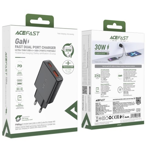 Mała płaska ładowarka sieciowa GaN PD 30W USB-A USB-C czarna Mała płaska ładowarka sieciowa GaN PD 30W USB-A USB-C czarna