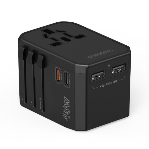 Uniwersalna ładowarka podróżna 2x USB-C 2x USB-A PD 45W wtyczki USA EU UK AU czarna Uniwersalna ładowarka podróżna 2x USB-C 2x USB-A PD 45W wtyczki USA EU UK AU czarna