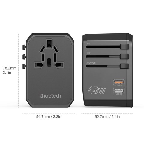 Uniwersalna ładowarka podróżna 2x USB-C 2x USB-A PD 45W wtyczki USA EU UK AU czarna Uniwersalna ładowarka podróżna 2x USB-C 2x USB-A PD 45W wtyczki USA EU UK AU czarna