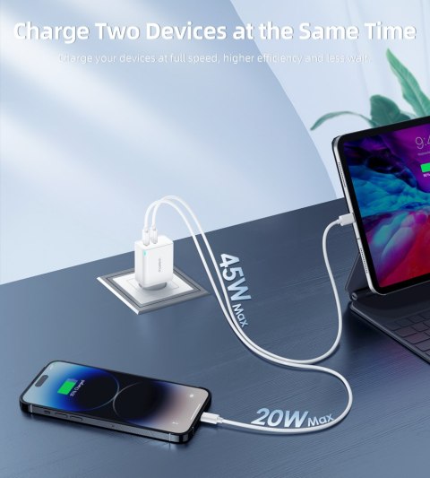 Ładowarka sieciowa GaN 2x USB-C PD 65W biała Ładowarka sieciowa GaN 2x USB-C PD 65W biała