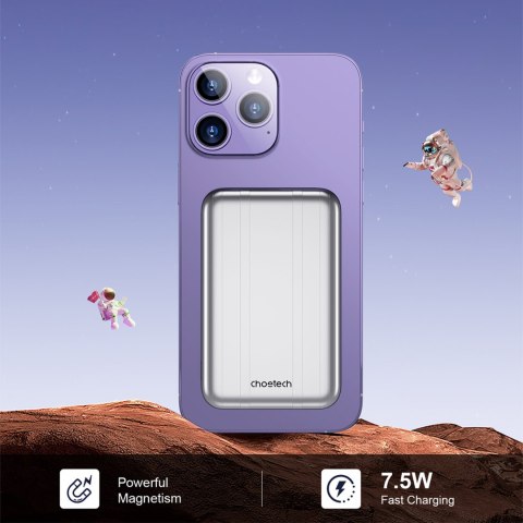 Mały lekki powerbank indukcyjny 5000mAh MagSafe USB-A USB-C srebrny Mały lekki powerbank indukcyjny 5000mAh MagSafe USB-A USB-C srebrny