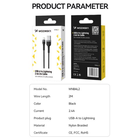 Kabel przewód do iPhone w oplocie USB-A - Lightning 2.4A 2m czarny Kabel przewód do iPhone w oplocie USB-A - Lightning 2.4A 2m czarny