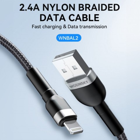 Kabel przewód do iPhone w oplocie USB-A - Lightning 2.4A 2m czarny Kabel przewód do iPhone w oplocie USB-A - Lightning 2.4A 2m czarny