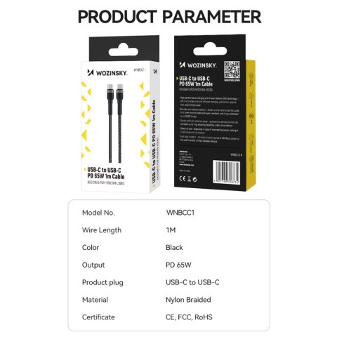 Kabel przewód w oplocie USB-C - USB-C PD 65W 1m czarny Kabel przewód w oplocie USB-C - USB-C PD 65W 1m czarny