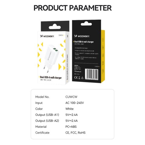 Ładowarka sieciowa 100-240V 30W 2.4A 2x USB-A biała Ładowarka sieciowa 100-240V 30W 2.4A 2x USB-A biała