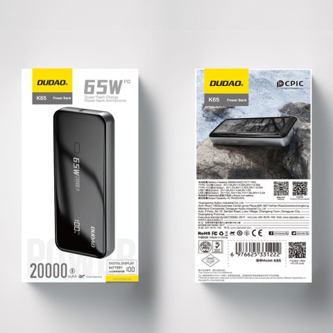 Powerbank 20000mAh 65W 1x USB-C 2x USB-A z wyświetlaczem czarny Powerbank 20000mAh 65W 1x USB-C 2x USB-A z wyświetlaczem czarny