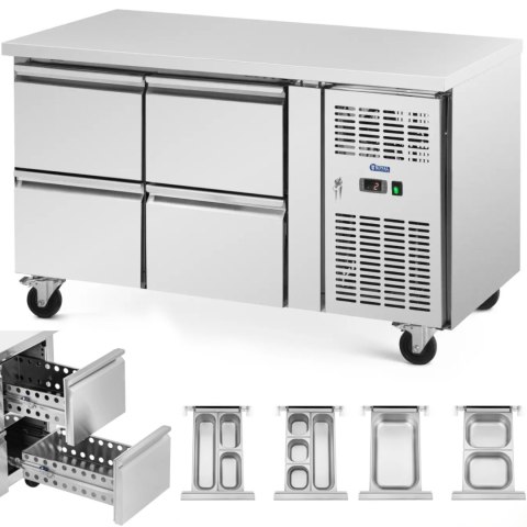 Stół chłodniczy gastronomiczny na kółkach 4 szuflady 280 l 136 x 70 x 85 cm Stół chłodniczy gastronomiczny na kółkach 4 szuflady 280 l 136 x 70 x 85 cm